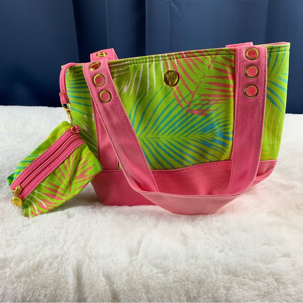 Palm Island coral reef tote bag Beautiful Pink and Apple Green Lime 11 x 4 x 8